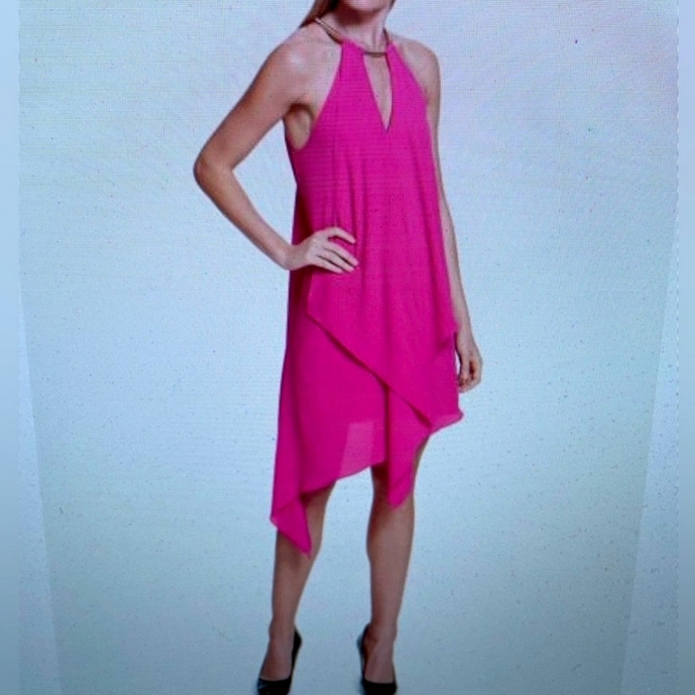 🩷 Kensie Size 8 Women's Draped Snake-Chain Keyhole Dress-ROSE